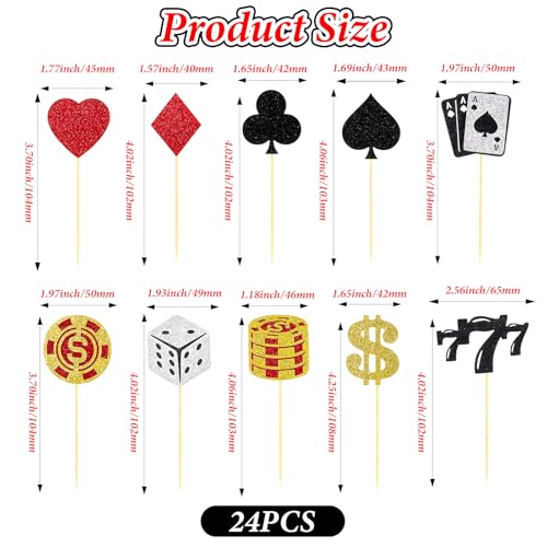 24 Pcs Casino Cupcake Toppers with Glitter Poker Chips - Vegas Themed Party Decorations