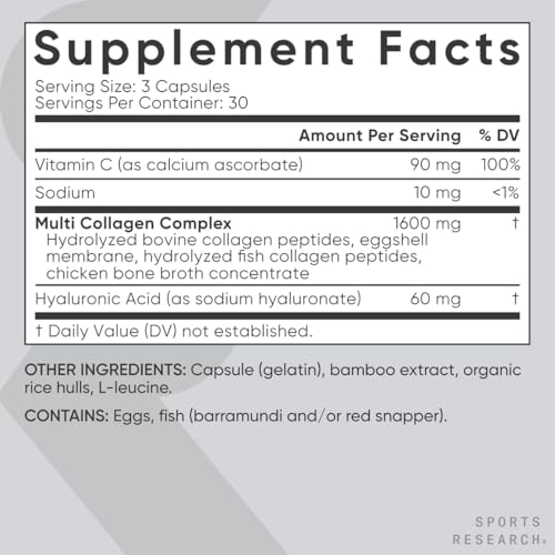 Sports Research Multi Collagen Complex (Types I, II, III, V, X) with Hyaluronic Acid & Vitamin C - 90 Capsules