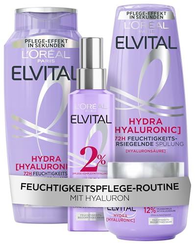 L'Oréal Paris Elvital Hydra Hyaluronic Moisturising Set - Hydrating Shampoo, Conditioner, Serum & Mask for Shine, Long Lasting Hair Care