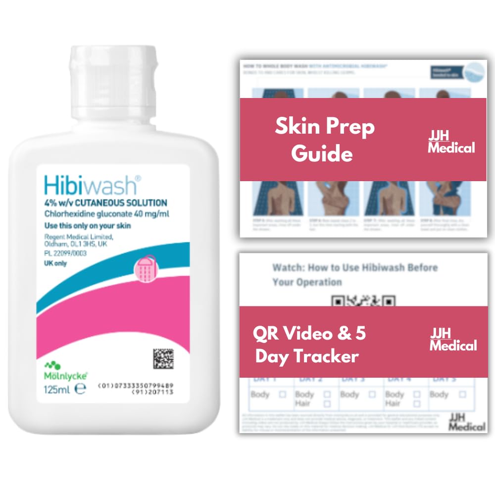 Hibiwash 125ml Antimicrobial Body Wash – Pre- & Post-Operative Cleanser with JJH Medical 5-Day Protocol Guide