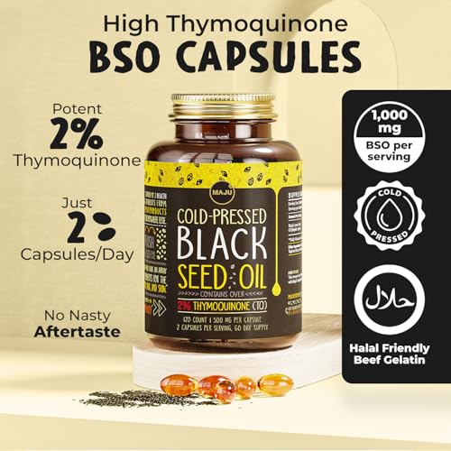 Maju Superfoods Black Seed Oil Capsules, Strong Cold Pressed 2% Thymoquinone, 100% Turkish Black Cumin Nigella Sativa, 120 Count