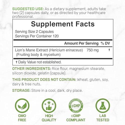 High-Potency Lion's Mane Mushroom Supplement 7,500mg - Brain Nootropic & Immune Booster