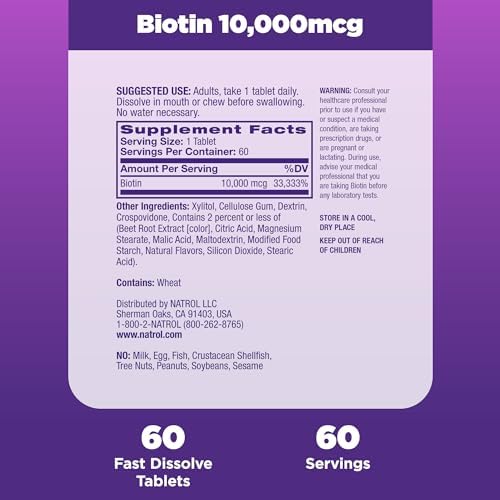Natrol Biotin 10000 Mcg Tablets, Natural Strawberry Flavor, 60 Count - High Potency Hair, Skin, and Nail Support Supplement