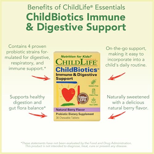 ChildLife Essentials ChildBiotics Immune & Digestive Support - Kids Probiotic with Live Cultures, Non-GMO, Natural Berry Flavor, 30 Tablets