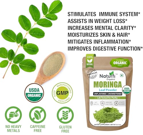 Organic Moringa Powder - 100% Pure Moringa Oleifera Leaf Powder - 3.5 Oz (100g) - USDA Certified - Perfect for Smoothies & Recipes