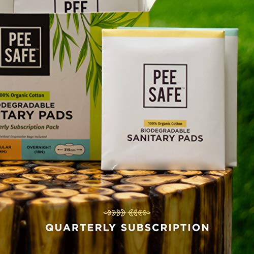 Pee Safe Organic Cotton Sanitary Pads - Biodegradable Quarterly Pack of 32 (14 Regular + 18 Overnight)