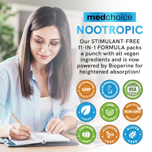 11-in-1 Nootropic Brain Supplement - Memory & Focus with Ginkgo Biloba, L-Theanine, Bioperine & Alpha GPC Choline | 60 Capsules