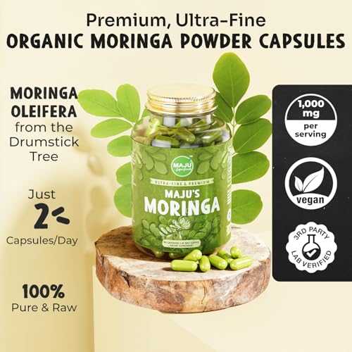 Maju Superfoods Organic Moringa Capsules, Oleifera Leaf Extract, Dried Drumstick Tree Leaves, Premium Plant-Based Supplement (90 ct)