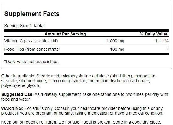 Swanson Vitamin C 1000mg,with Rose Hips, Immune Health, Support Skin Cardiovascular Health with Antioxidant Supplement,250 Tablets