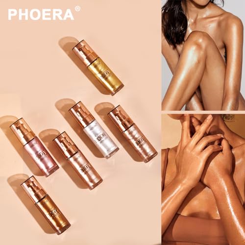 Hilareco PHOERA Body Shimmer Oil - Rose Gold Glow Highlighter with Makeup Brush