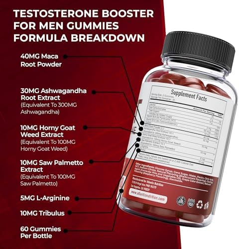 Atlantis Nutrition Testosterone Booster For Men Gummies - Male Enhancement, Boosts Energy, & Optimizes Physical Performance Formulated w/Tribulus, Horny Goat Weed, Saw Palmetto, Maca Root - 60 Gummies