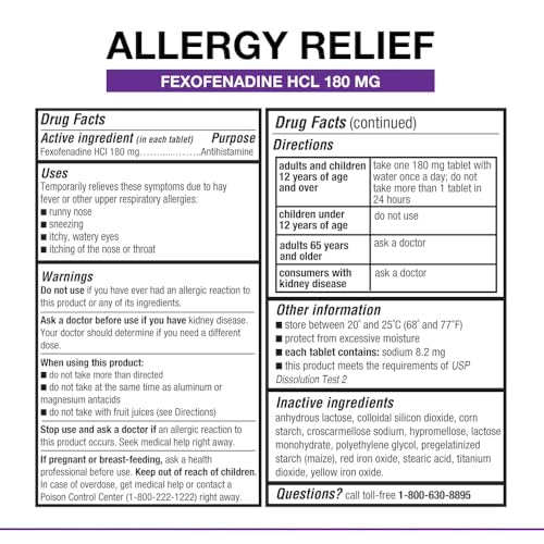 Puregen Labs Fexofenadine 180mg 24-Hour Non-Drowsy Allergy Relief (100 Ct)