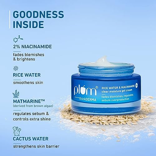 Plum 2% Niacinamide & Rice Water Super Light Gel Cream Moisturizer for Face - Oil-Free Hydration & Brightening