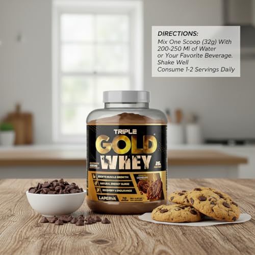 Laperva Triple Gold Whey Protein Powder - Crunchy Chocolate with Real Mango Pieces, 5 LB (70 Servings)