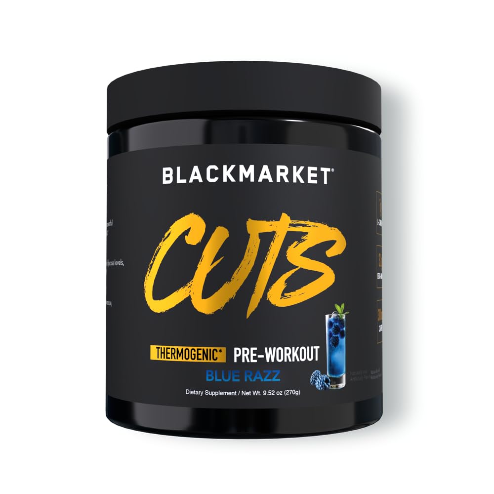 BlackMarket CUTS Pre Workout Flavored Energy Powder Drink Mix for Men & Women - Muscle Definition, Fat Burning, Thermogenic, Creatine Free (Blue Razz, 30 Servings)