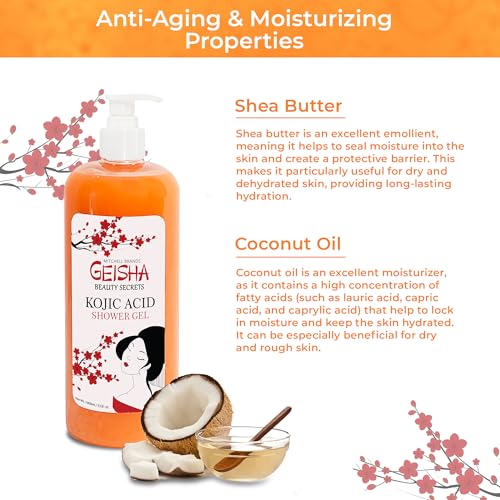 Geisha Kojic Acid Skin Brightening Body Wash - 33 oz - Even Out Skin Tone with Coconut Oil & Shea Butter