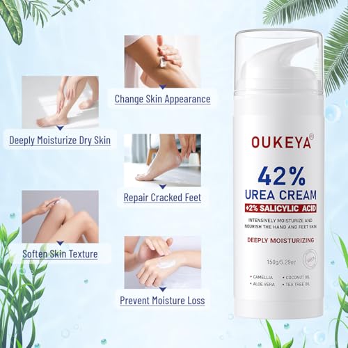 OUKEYA Urea Cream 42% + Salicylic Acid 2% - Intensive Repair Foot & Hand Cream for Cracked Skin - Relief for Dry Feet, Heels & Elbows