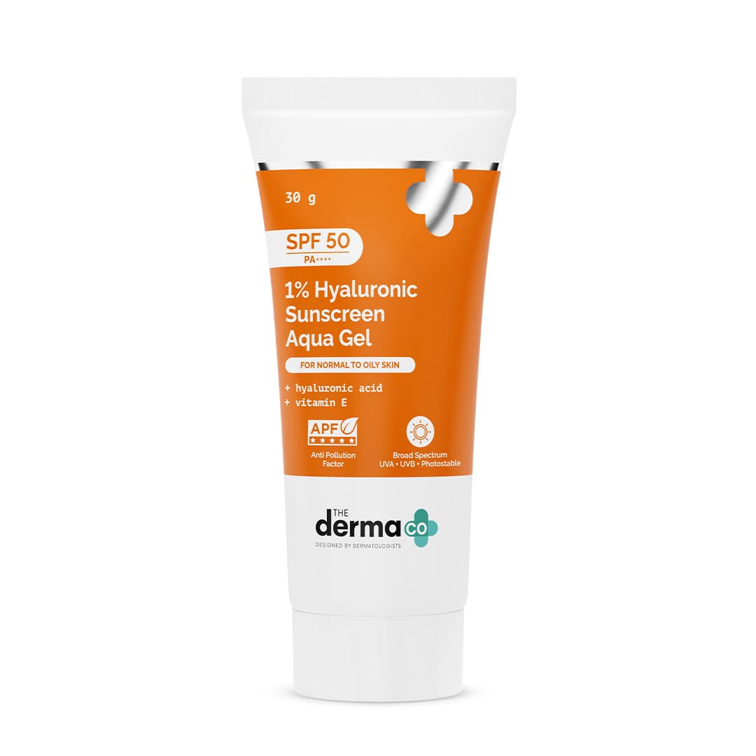 The Derma Co 1% Hyaluronic Sunscreen SPF 50 Aqua Gel – Lightweight, No White-Cast, Broad Spectrum & Blue Light Protection (30g)