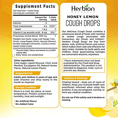 Herbion Naturals Honey Lemon Cough Drops - Soothing Relief - 25 Count