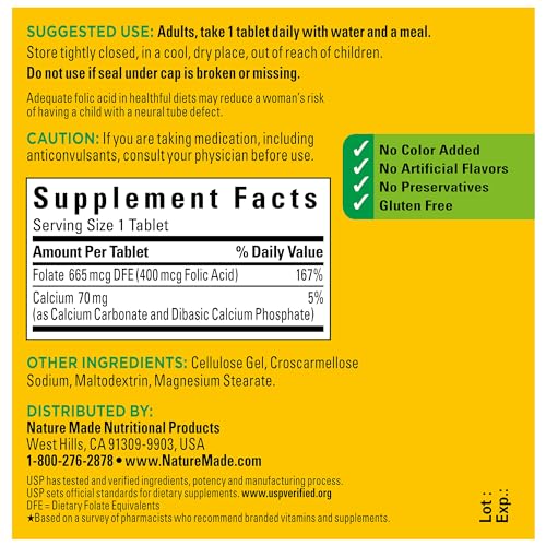 Nature Made Folic Acid 400 mcg (665 mcg DFE) - Nervous System Support - 250 Tablets - 250 Day Supply