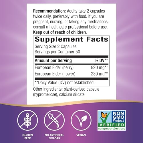 Nature's Way Black Elderberry Supplement, Traditional Immune Support*, With Elderberry and Elderflower, Plant Powered, 100 Capsules (Packaging May Vary)