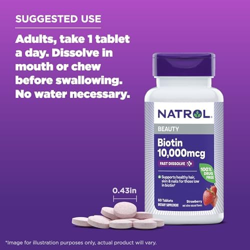 Natrol Biotin 10000 Mcg Tablets, Natural Strawberry Flavor, 60 Count - High Potency Hair, Skin, and Nail Support Supplement
