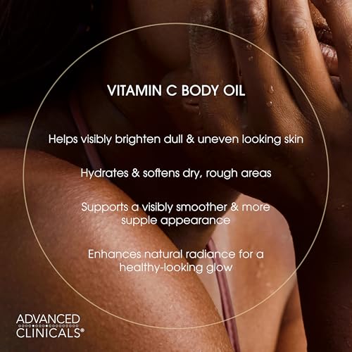 Advanced Clinicals Brightening Vitamin C Body Oil | Glow Oil with Vitamin E & Botanicals for Dark Spots & Dry Skin | 3.8 Fl Oz