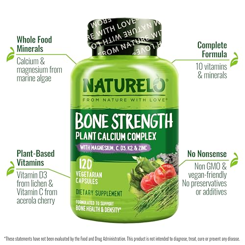 NATURELO Bone Strength - Plant-Based Calcium, Magnesium, Potassium, Vitamin D3, C, K2 - GMO, Soy, Gluten Free - 120 Vegetarian Capsules