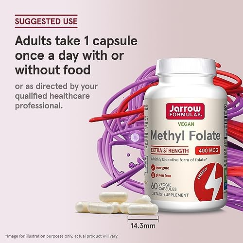 Jarrow Formulas Extra Strength Methyl Folate 400 mcg, Dietary Supplement for Cardiovascular and Neurologic Health Support, 60 Veggie Capsules, 60 Day Supply