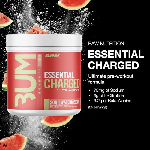 RAW Essential CHARGED Pre-Workout Powder - Sour Watermelon (25 Servings)