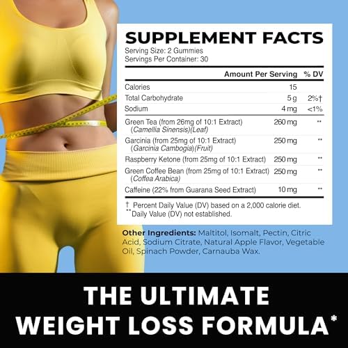 Morning Fat Burner Gummies | Weight Loss for Women & Men | Thermogenic Belly Fat Burner with Green Tea, Garcinia, Green Coffee Bean & More | Appetite Suppressant & Metabolism Booster | 60 Gummies