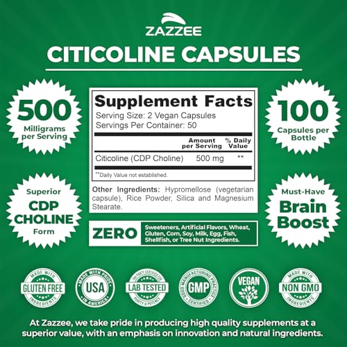 Zazzee Extra Strength Citicoline (500 mg) - 100 Vegan Capsules for Cognitive Support