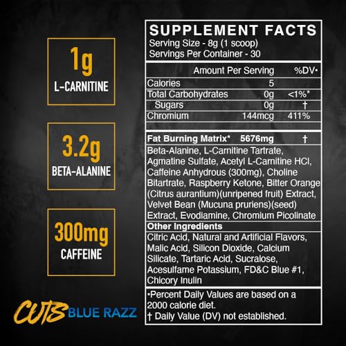 BlackMarket CUTS Pre Workout Flavored Energy Powder Drink Mix for Men & Women - Muscle Definition, Fat Burning, Thermogenic, Creatine Free (Blue Razz, 30 Servings)