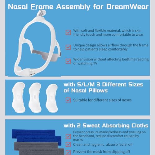 Gbbazu DreamWear Nasal Mask Frame Assembly with Headgear & 3-Size Pillows