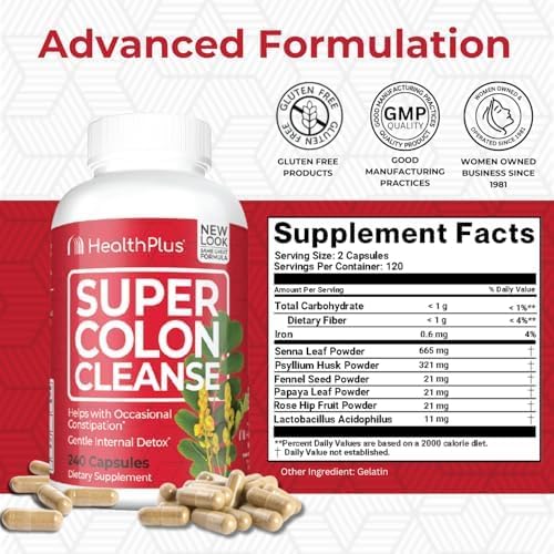 Health Plus Super Colon Cleanse 530mg 240 Capsules - Natural Digestive & Detox Support