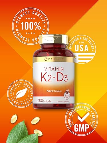 Carlyle Vitamin K2 + D3 | 200 mcg K2 MK7 & 250 mcg D3 | Non-GMO, Gluten Free | 300 Softgels