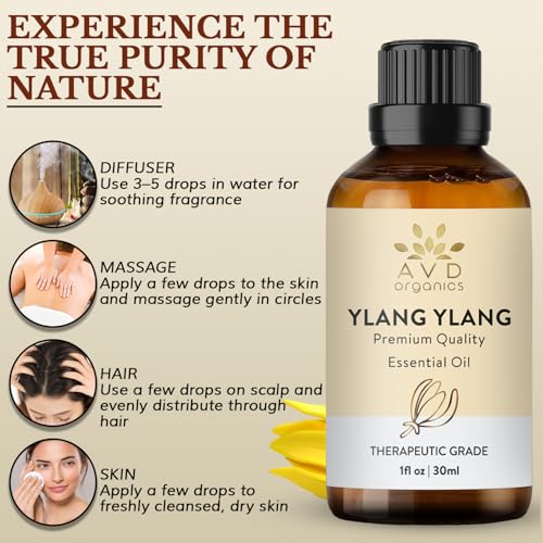 AVD Organics Ylang Ylang Essential Oil 100% Pure & Natural - 30ml for Aromatherapy, Diffuser, Skin & Hair