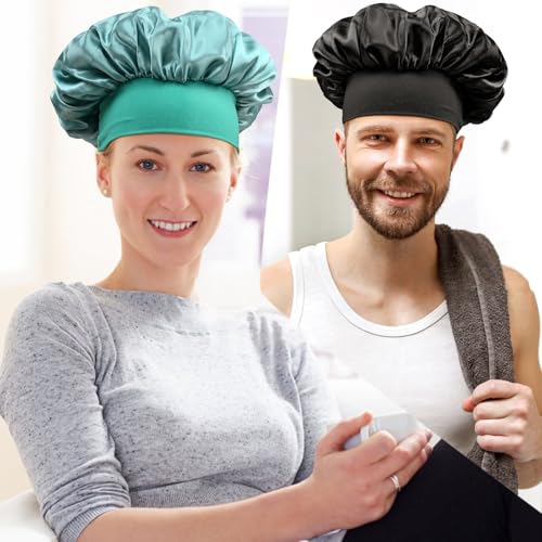 2 Pcs Silk Bonnet for Women - Curly Hair Shower Cap with Elastic Band (Green & Black)
