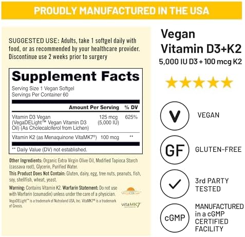 NatureWise Vitamin D3 + K2 with Plant Based D 5000IU & 100mcg K as MK-7 - Max Absorption Immune Support - Vegan, Non-GMO - with Extra Virgin Olive Oil - 60 Softgels[2-Month Supply]