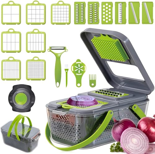 22-in-1 Vegetable Slicer & Onion Chopper - Multi-Blade Food Cutter with Drain Rack