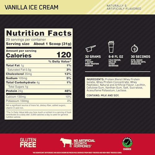Optimum Nutrition Gold Standard 100% Whey Protein - 24g Protein, Vanilla Ice Cream, 2 lb