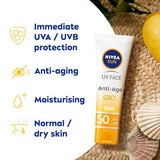 NIVEA SUN Face Cream SPF 50 - Anti-Age UVA/UVB Protection with Q10 Technology - Water Resistant & Non-Greasy - 50ml