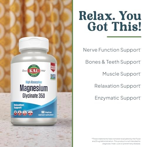 KAL, Magnesium Glycinate Fully Chelated High Absorption Formula for Stress Relaxation Muscle & Bone Health Support, 240 Count