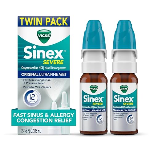 Vicks Sinex SEVERE Nasal Spray - Ultra Fine Mist Sinus Decongestant Twin Pack, 2 x 0.5 FL OZ