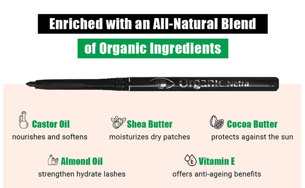 Pure Black Organic Kajal Pencil Eyeliner - Waterproof, 12Hr Smudgeproof & Natural Matte Finish