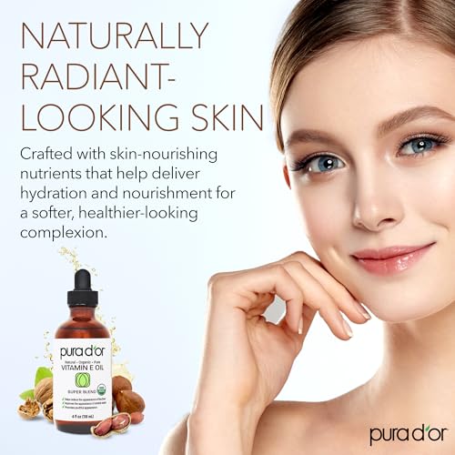 PURA D'OR Organic Vitamin E Oil Blend 4 oz - 70,000 IU Natural Hexane Free with Almond, Argan, Rosehip & More