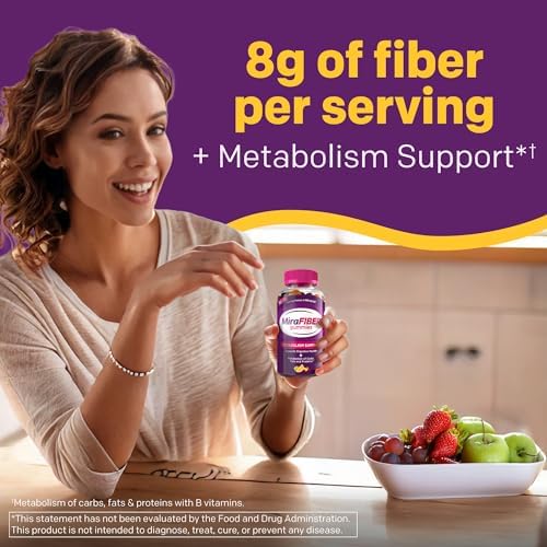 MiraFIBER Gummies, From The Gut Experts at MiraLAX, 8g of Daily Prebiotic Fiber with B Vitamins to Support Digestive Health and Metabolism, Fruit Flavored Fiber Gummies, 72 Count