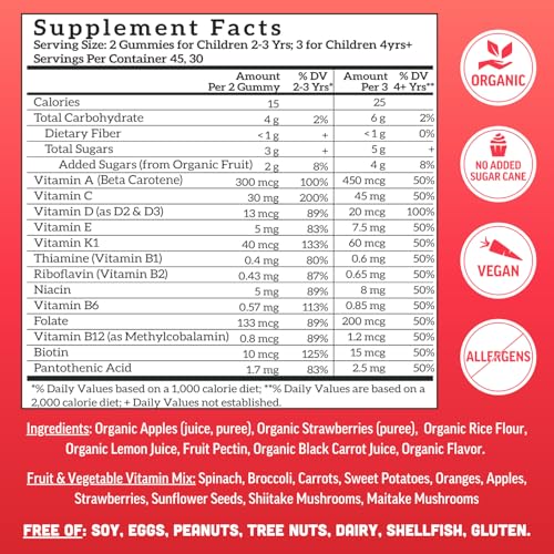 Whole Fruit Gummy Vitamins for Kids - No Added Sugar, Vegan, Plant-Based Multivitamin, 60 Bites, Strawberry