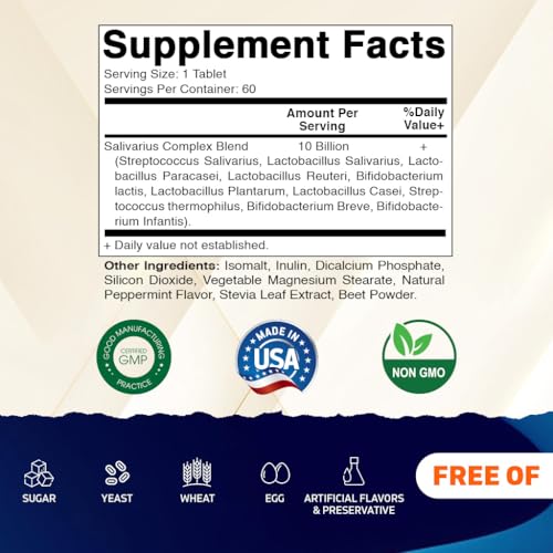 Vitamatic Salivarius Complex 10 Billion Mint Chewable Probiotics for Oral Health - 60 Count