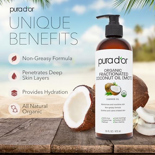 PURA D'OR Organic Fractionated Coconut Oil 16 oz - MCT Oil for Hair, Face & Skin
